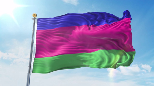 库班人民共和国的国旗在深蓝色的天空中迎风飘扬。国家主题，国际理念。3D渲染无缝循环4K视频素材