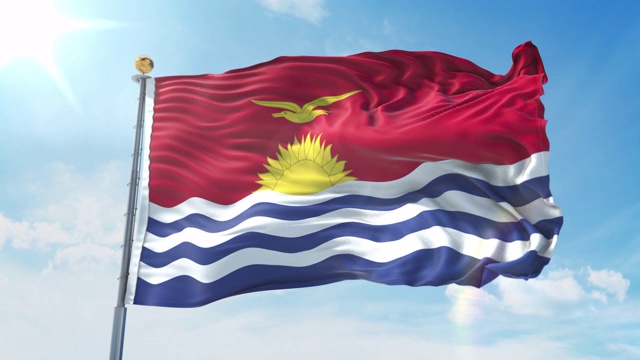 基里巴斯国旗在深蓝色的天空中迎风飘扬。国家主题，国际理念。3D渲染无缝循环4K视频下载
