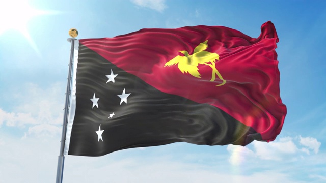 在深蓝色的天空中飘扬的巴布亚新几内亚国旗。国家主题，国际理念。3D渲染无缝循环4K视频下载