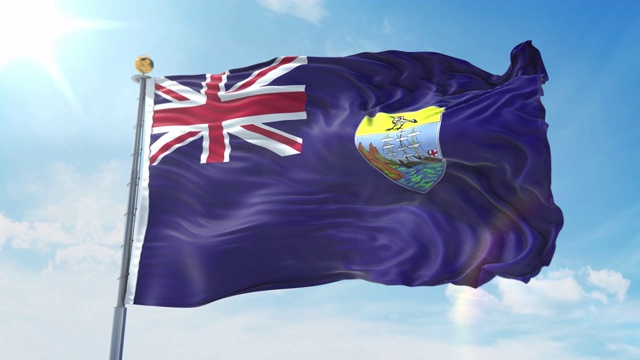 圣赫勒拿岛的旗帜在深蓝色的天空中迎风飘扬。国家主题，国际理念。3D渲染无缝循环4K视频下载