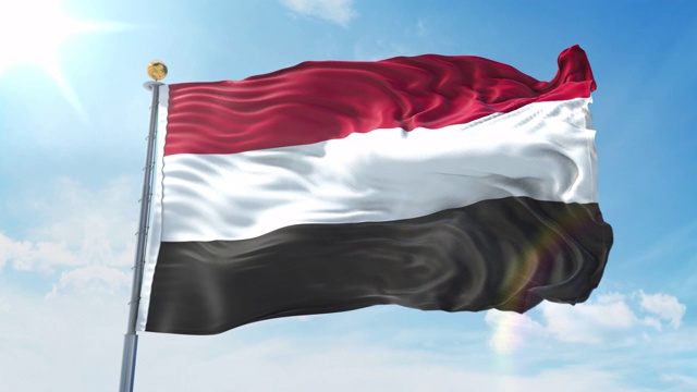 一面也门国旗在深蓝色的天空中迎风飘扬。国家主题，国际理念。3D渲染无缝循环4K视频下载