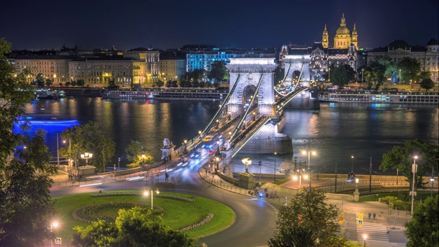 布达佩斯城市的天际线与圣斯蒂芬大教堂和多瑙河上的链桥，日以继夜，匈牙利布达佩斯视频下载