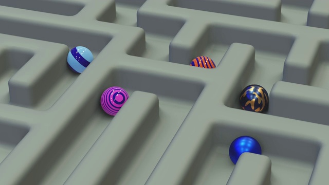 运动循环球。抽象迷宫背景，彩色小球，各种图案。4、路过困难的头脑和正确道路的策略。逼真的3 d渲染。视频素材