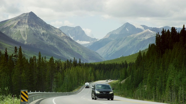 汽车和其他车辆行驶在加拿大阿尔伯塔落基山脉的一条树木排成的高速公路上，加拿大在一个阴天视频下载