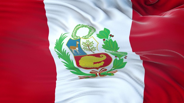 秘鲁国旗迎风飘扬，织物质地细腻。无缝循环视频下载