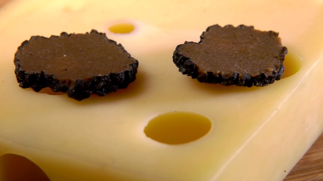 一片罕见的黑松露蘑菇落在奶酪上视频下载