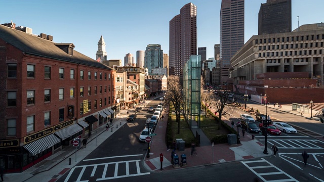 延时:航拍波士顿市政厅和美国市中心的公共市场视频素材