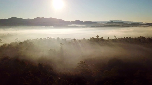 日出在早晨与太阳光束航拍的薄雾和山视频下载
