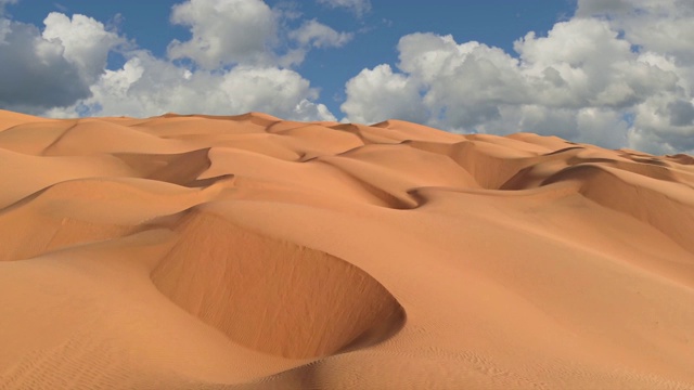 飞过沙漠中一望无际的黄色沙丘。沙丘和蓝天白云。美丽的沙漠景观鸟瞰图，超高清视频素材