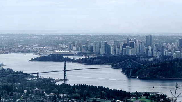 延时:空中狮门大桥与温哥华在黄昏视频素材