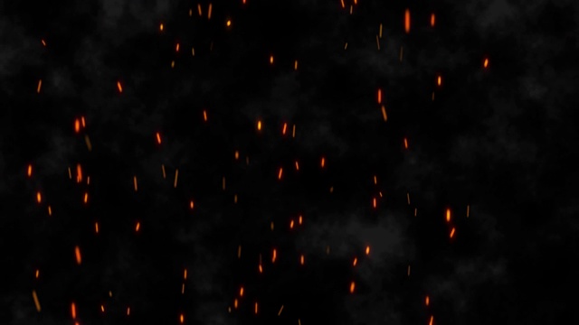 在黑色背景的空中飞火火花的镜头。熊熊燃烧的篝火在黑暗的背景上产生火花。火卡通动画视频素材