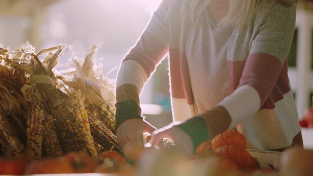 秋天的一天，一名妇女在农贸市场检查微型南瓜视频素材