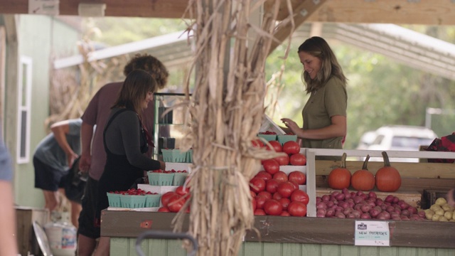 一名年轻的千禧一代妇女在农贸市场的收银台上买了一篮蔬菜视频素材