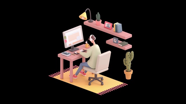 一个年轻人坐在办公桌前用电脑工作的3d无缝动画。视频下载