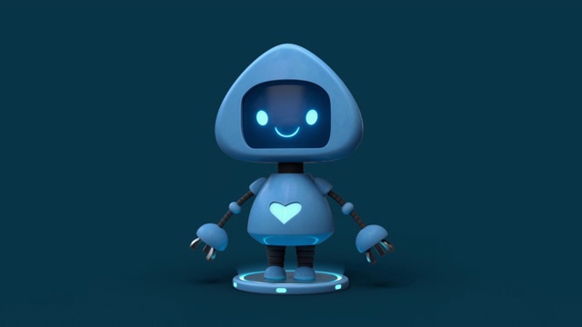 3d无缝动画的小可爱的蓝色机器人与发光的心脏在他的身体。视频下载