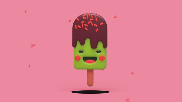 有趣的冰淇淋与笑脸跳出洞的3d动画在粉红色的背景。视频下载