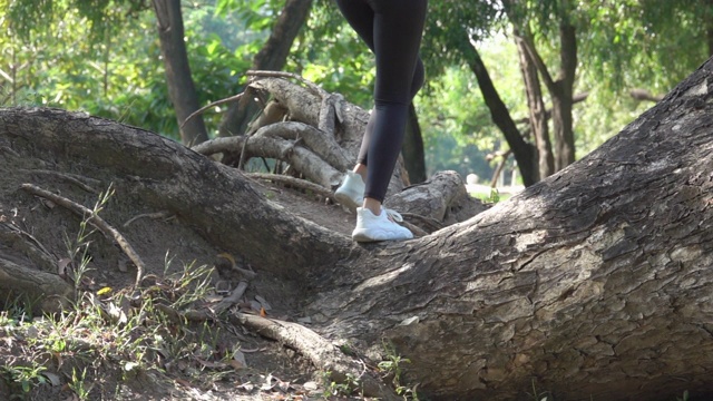 运动女子跑交叉树慢动作视频素材