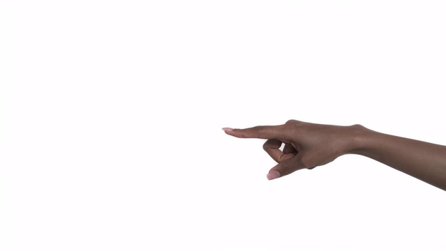 嘿，你的手势。女性用食指指着左手。孤立，在白色背景上视频素材