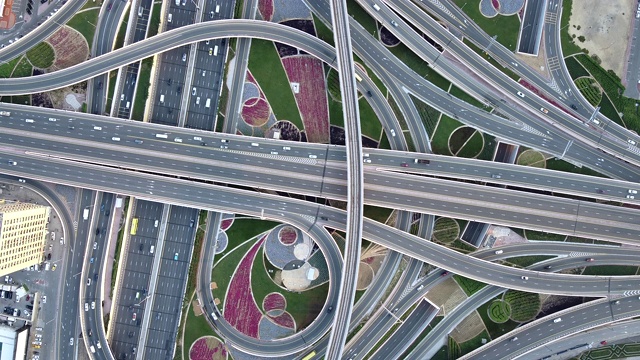 无人机视角的交叉口和交通系统/迪拜，阿联酋视频素材