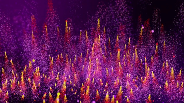 五颜六色的红黄紫尘埃颗粒飞舞着，闪烁着在黑色的背景上，浅深的相机。视频素材