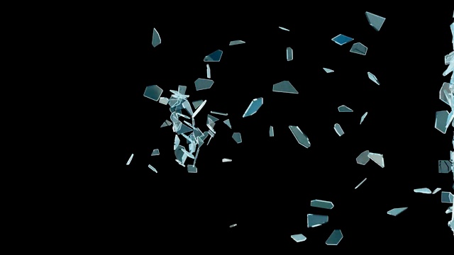 蓝色碎玻璃在黑色背景上破碎的动画，3D渲染视频下载