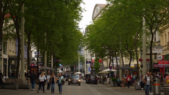 白天维也纳市中心著名的拥挤购物街慢镜头全景4k奥地利视频下载