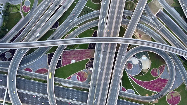 道路交叉口和城市交通俯视图/迪拜，阿联酋视频素材