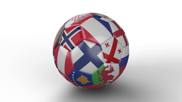 带有欧洲国家国旗的足球在白色表面上旋转，循环2视频下载