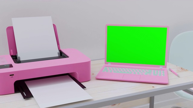电脑模型与绿色屏幕为您的文本。粉色笔记本电脑和粉色打印机空白屏幕放在一张木桌上，3D渲染。视频素材