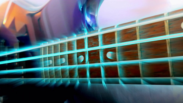 吉他手演奏摇滚贝斯吉他，抽象贝斯吉他，近距离，光Fx视频素材