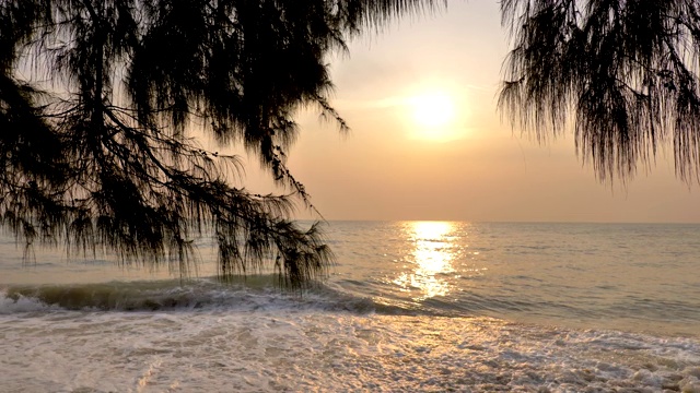 日落时海浪卷起白色沙滩的景象视频素材