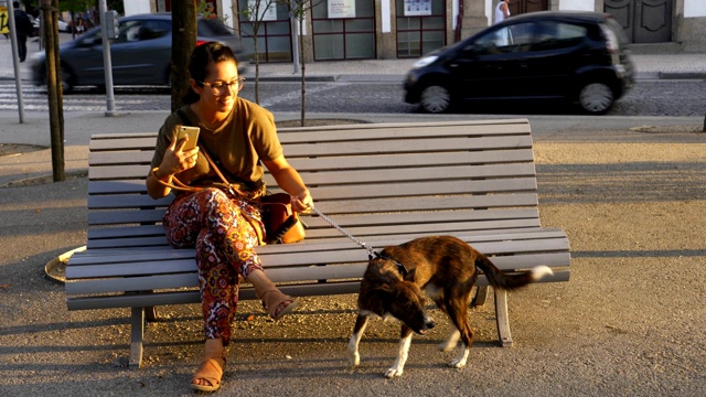 日落时分，葡萄牙吉马良斯，一名女子和一只狗坐在长椅上视频下载