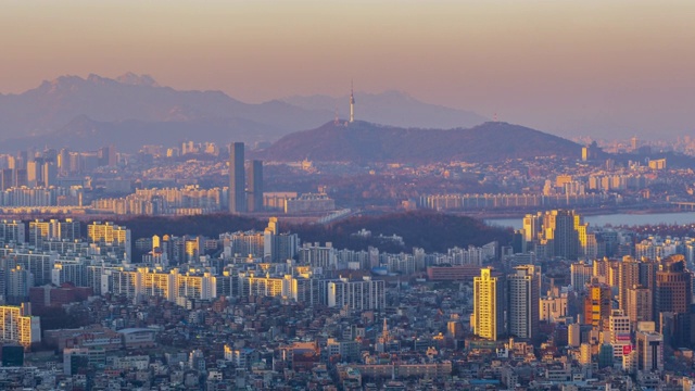 4k时间流逝首尔城市天际线日落，韩国视频素材