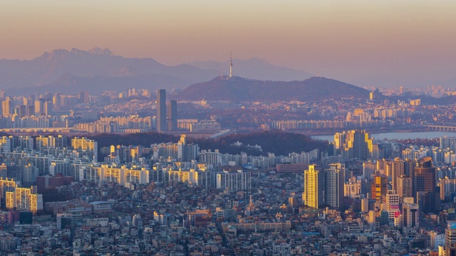 4k时间流逝首尔城市天际线日落，韩国视频素材