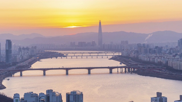 4k时间流逝韩国首尔城市天际线的日出视频素材