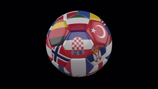 足球上的欧洲国旗在透明的4k镜头上旋转，带alpha，循环3视频素材