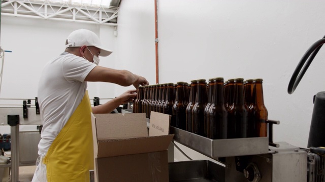 在啤酒厂，一个不知名的员工在生产线的末端用纸箱包装瓶子视频下载
