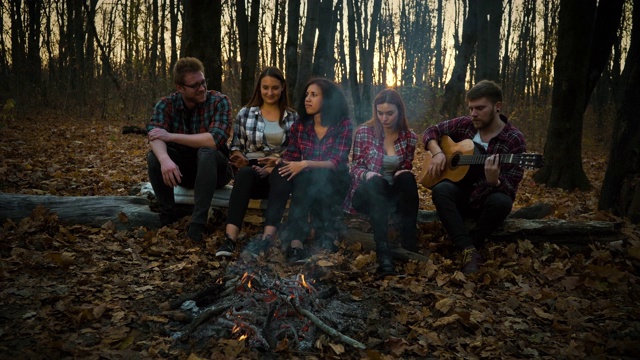 在黑暗的森林里的露营地，年轻的游客用吉他唱歌视频素材