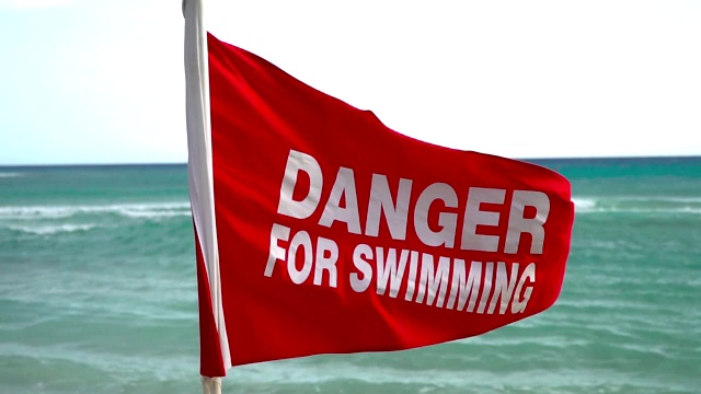 在海滩上游泳有危险，请出示红旗。视频素材