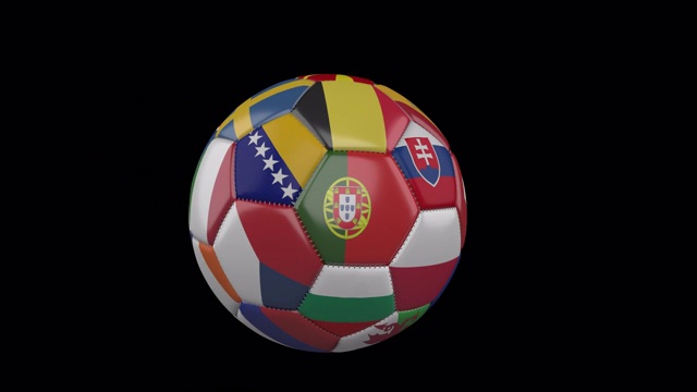欧3的旗帜在缓慢飞行的足球在透明的背景，阿尔法频道视频素材