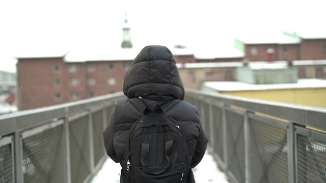 在下雪的天气里散步的女人视频素材