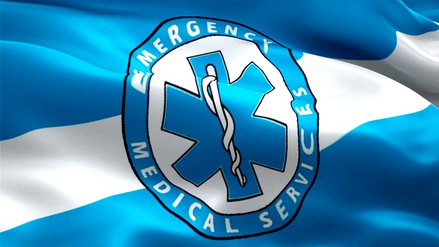 EMS救护车紧急医疗服务旗帜视频在风中飘扬。现实的911 EMS紧急医疗响应标志背景。紧急护理服务旗帜循环特写1080p全高清镜头视频下载