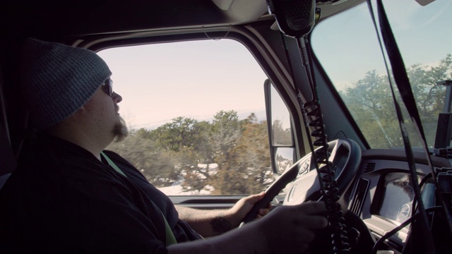在一个阳光明媚的冬日里，一位三十多岁留着胡子的白人男性卡车司机驾驶着他的半卡车行驶在犹他州高沙漠的一条路上视频下载