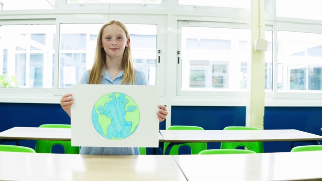一名小学生举着一张印有地球图案的海报视频下载