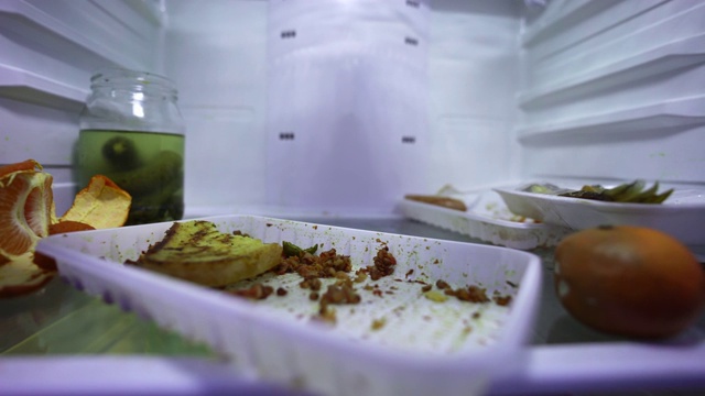 冰箱里有剩饭。肮脏的冰箱，内景。变质的食物。视频下载