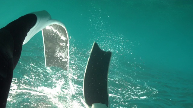 慢动作水下拍摄的水肺潜水员的脚倒置视频下载