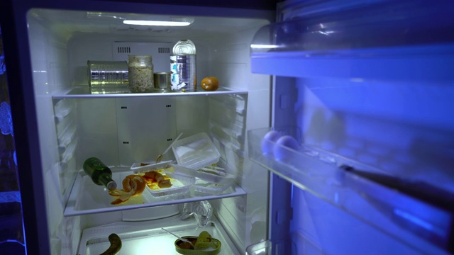 在冰箱里找食物的人。那个人打开冰箱，把鸡蛋放进去。晚上饥饿。视频下载