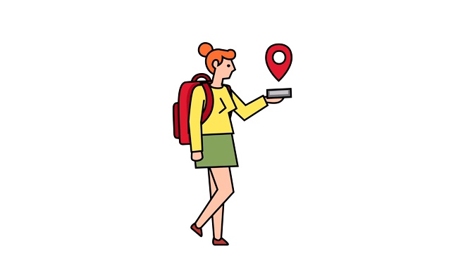 线性风格平棍图象形图颜色女人女孩Character与背包旅行GPS导航员动画Luma Matte视频下载