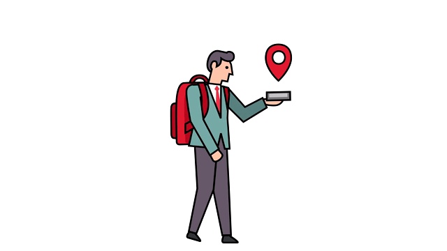 线性风格平棍图象形图彩色商人人物背包旅行GPS导航员动画Luma哑光视频下载