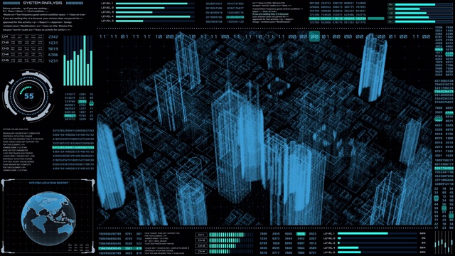 HUD未来虚拟3D全息城市目标扫描任务通信报告面板。视频素材